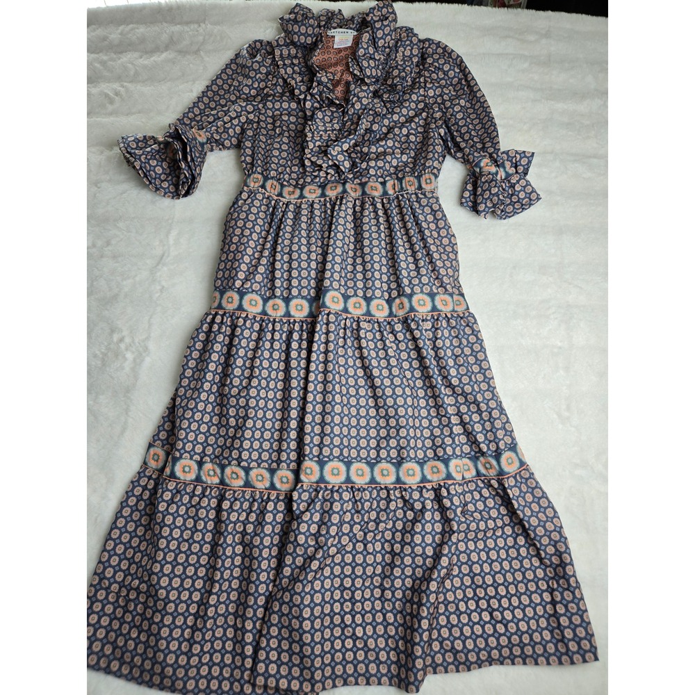 Gretchen Scott Ruffle Collar Tiered Maxi Dress‎ Blue Orange Geometric Floral S - Picture 6 of 12